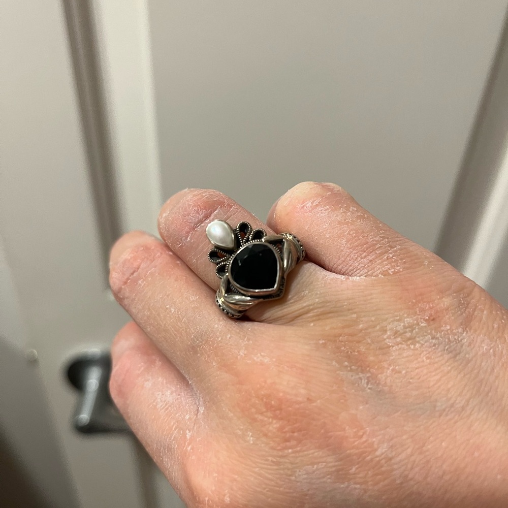 Nicky Butler Black and White Silver Claddaugh Ring with Pearl Accent